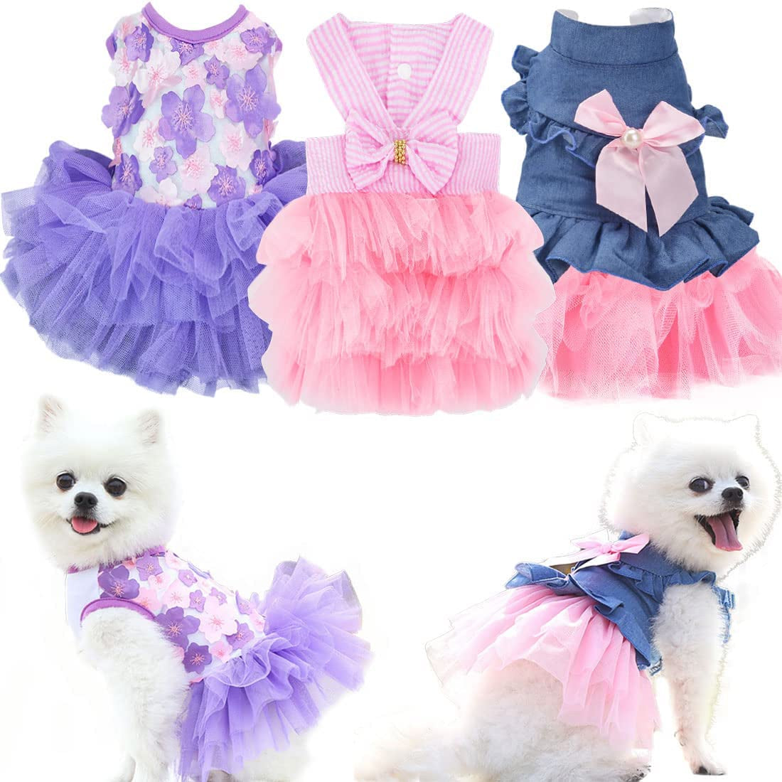 Set of 3 Dog Clothes for Small Dogs, Puppy Dress for Girl Dogs, Autum Cute Female Pet Skirt Clothes Outfit Pink Yorkie Sundress Costume Cat Clothing for Small Doggie Breed (Small)